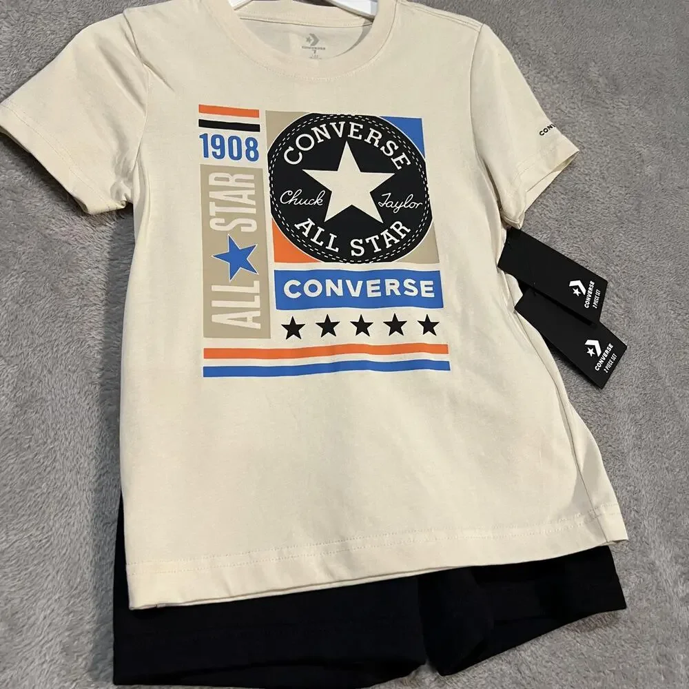 Converse Shirt Shorts Set Boys Size 7 Beige Black All Star Logo Graphic New